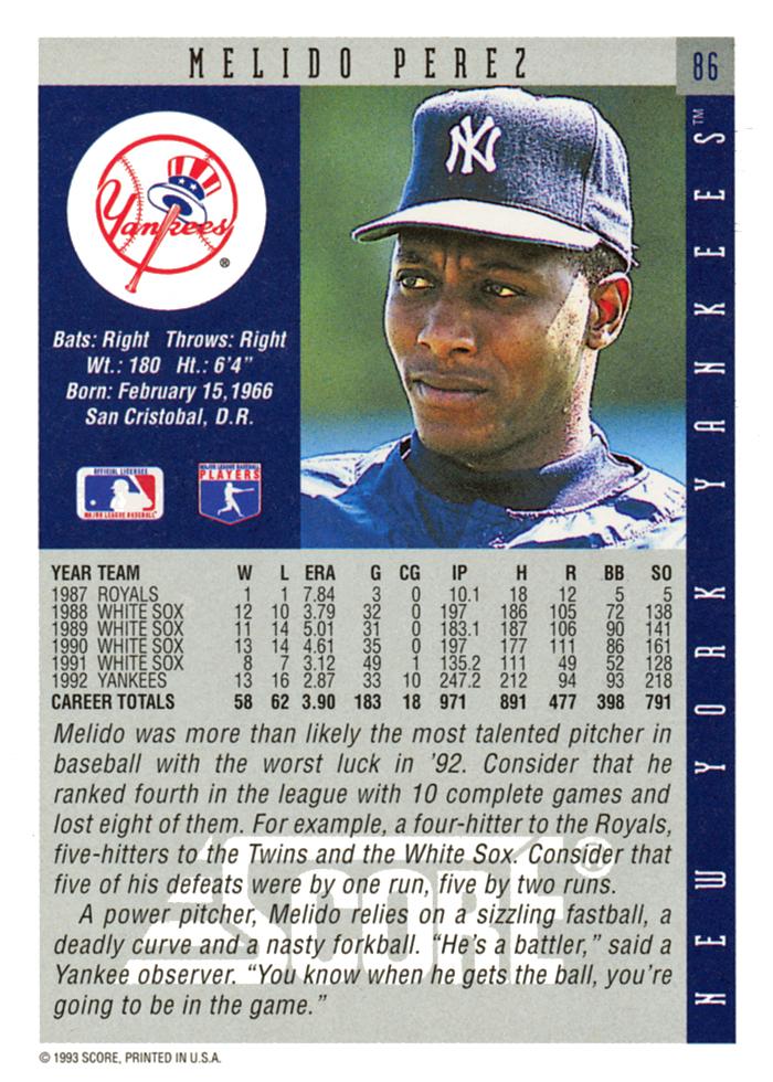 Melido Perez  baseball card collectible - Main Image 2