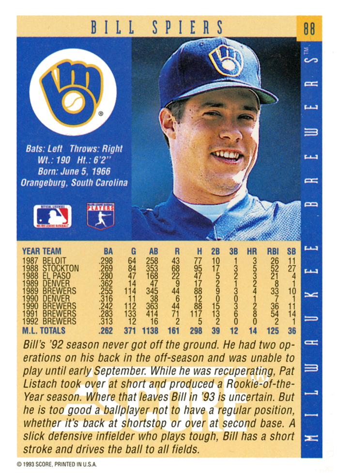 Bill Spiers  baseball card collectible - Main Image 2