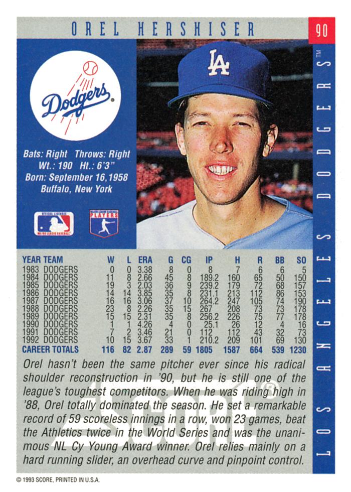 Orel Hershiser  baseball card collectible - Main Image 2