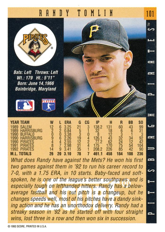 Randy Tomlin  baseball card collectible - Main Image 2