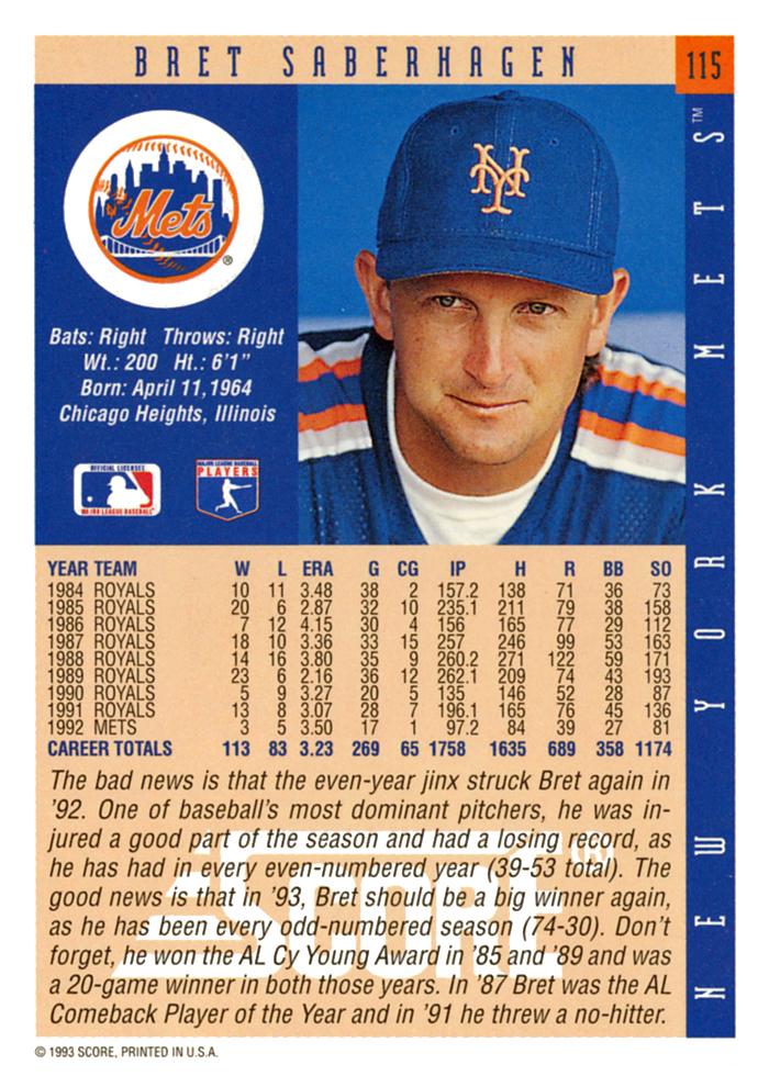 Bret Saberhagen  baseball card collectible - Main Image 2