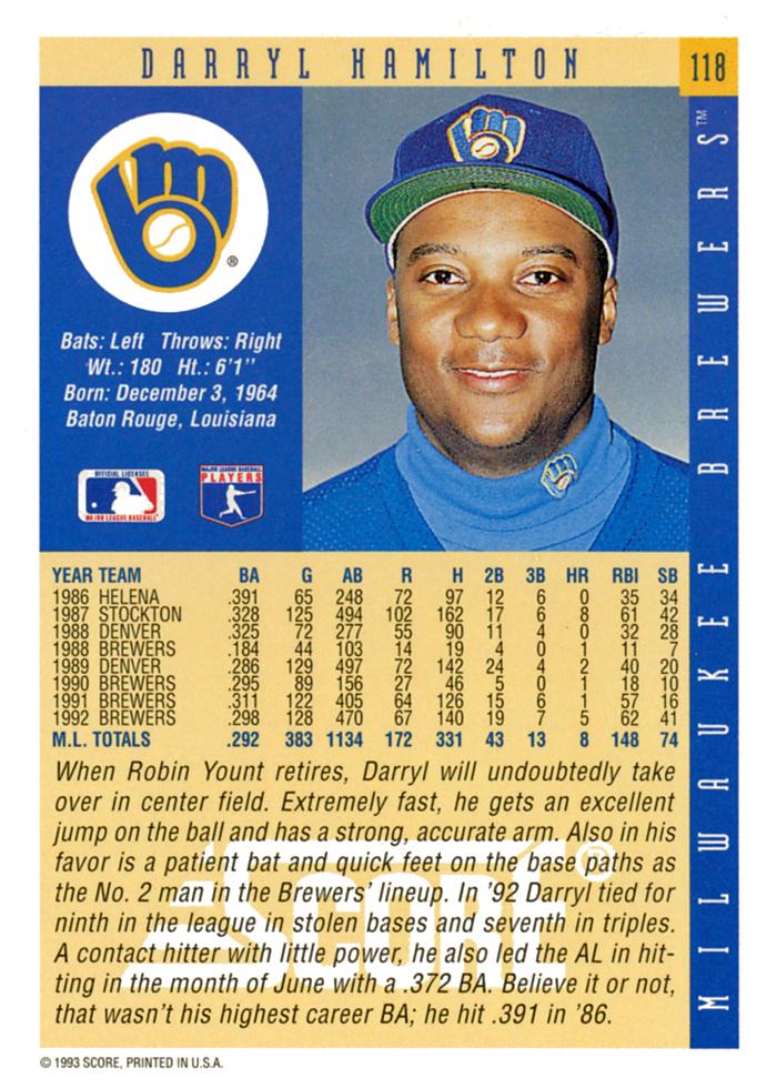 Darryl Hamilton  baseball card collectible - Main Image 2