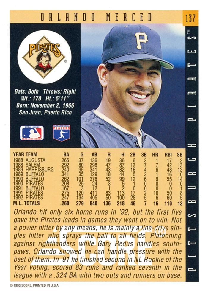 Orlando Merced  baseball card collectible - Main Image 2