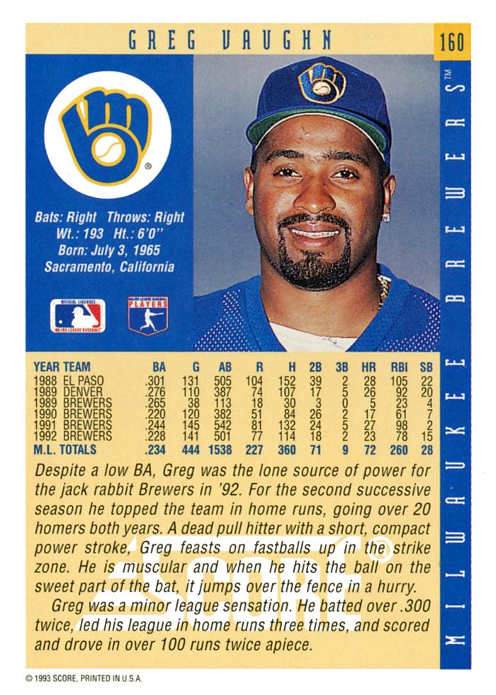 Greg Vaughn  baseball card collectible - Main Image 2