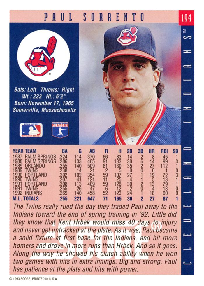 Paul Sorrento  baseball card collectible - Main Image 2