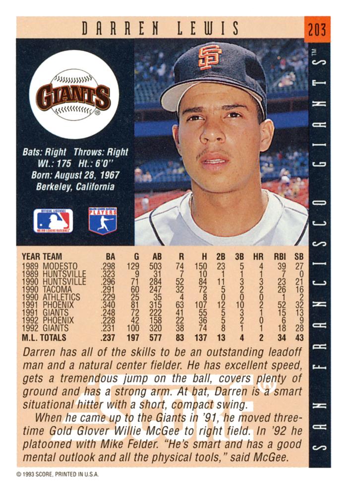 Darren Lewis  baseball card collectible - Main Image 2