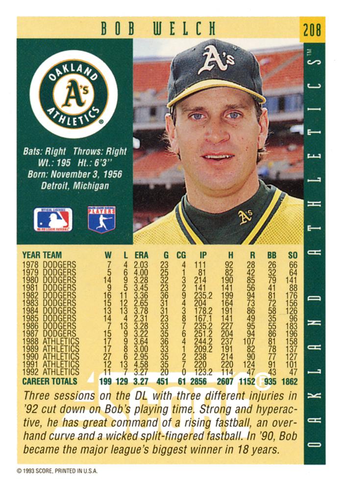 Bob Welch  baseball card collectible - Main Image 2
