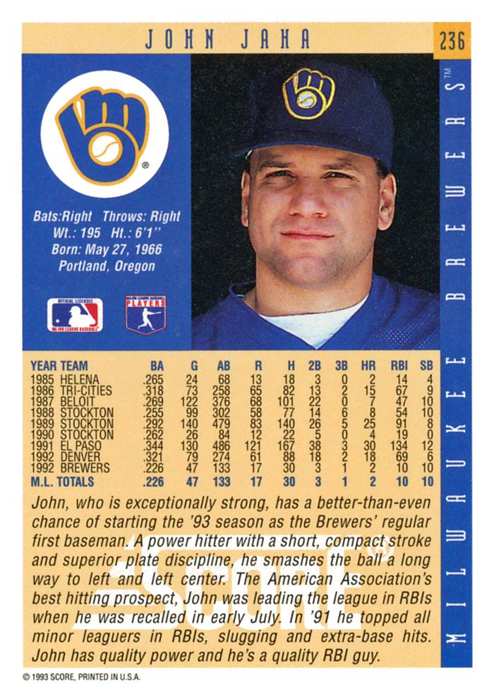 John Jaha  baseball card collectible - Main Image 2