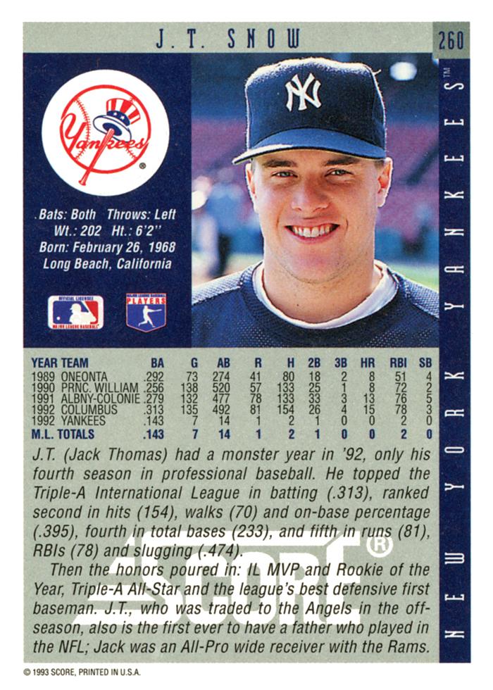 J.T. Snow  baseball card collectible - Main Image 2