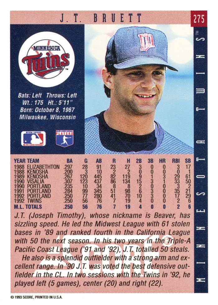 J.T. Bruett  baseball card collectible - Main Image 2