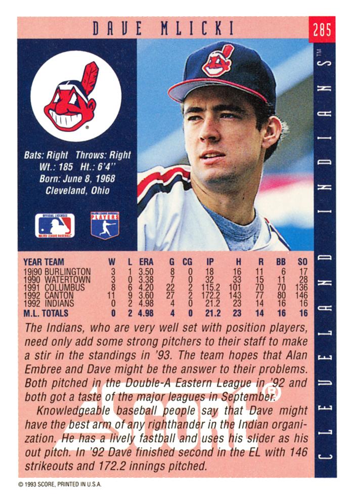 Dave Mlicki  baseball card collectible - Main Image 2