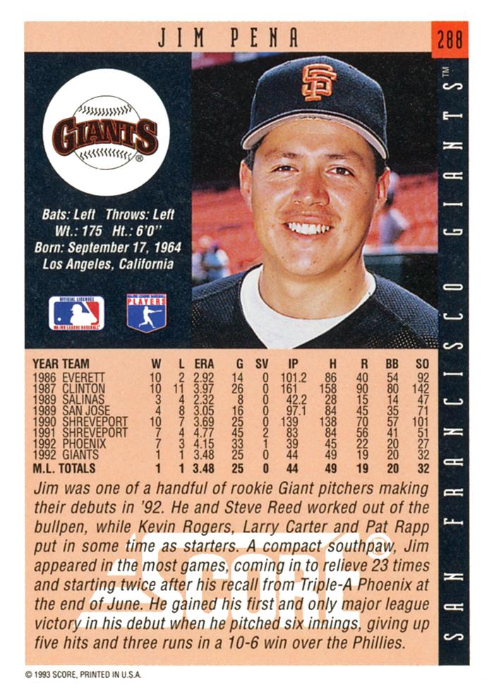 Jim Pena  baseball card collectible - Main Image 2