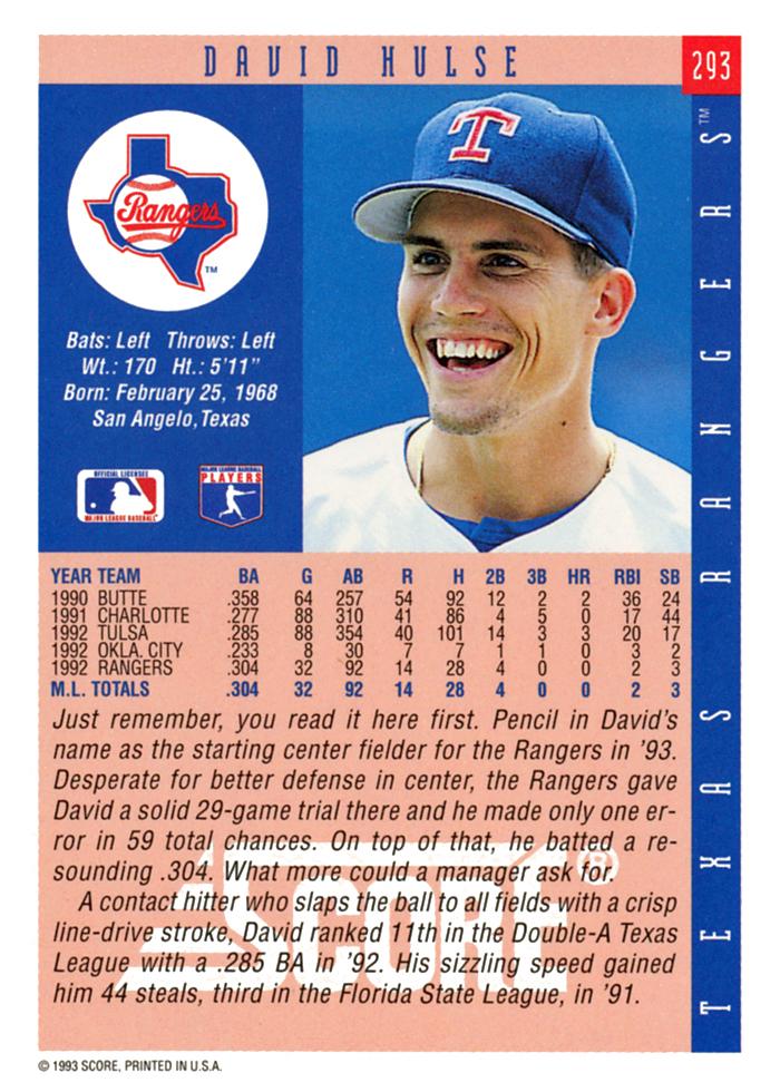 David Hulse  baseball card collectible - Main Image 2