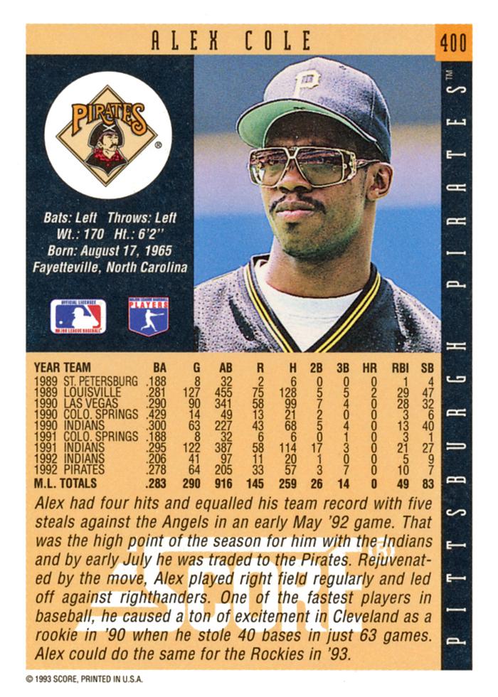 Alex Cole  baseball card collectible - Main Image 2