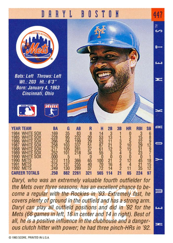 Daryl Boston  baseball card collectible - Main Image 2