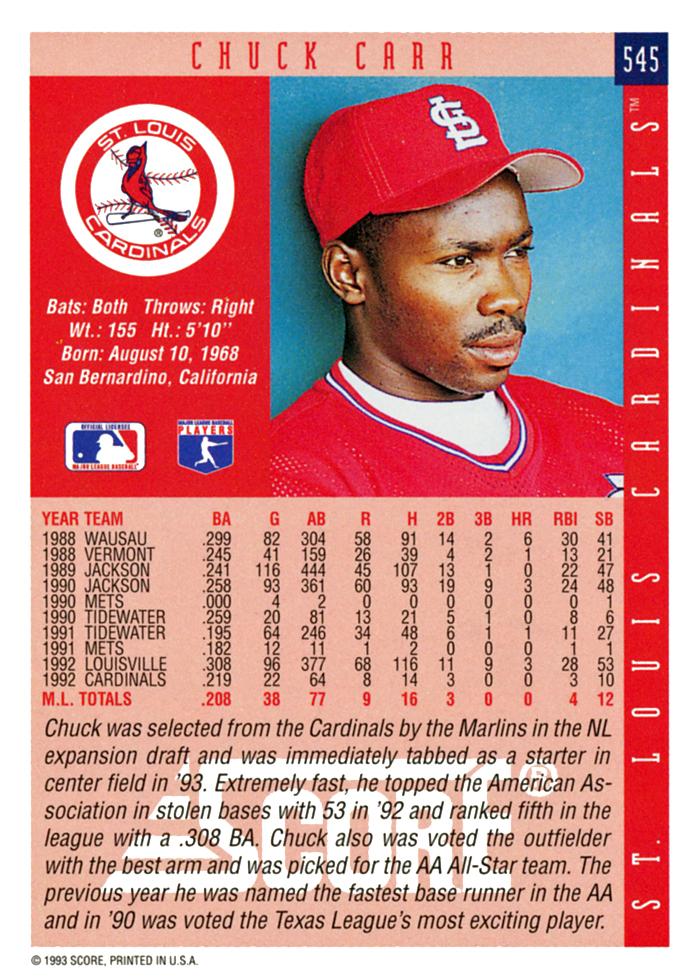 Chuck Carr  baseball card collectible - Main Image 2