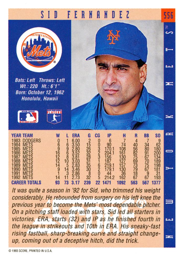 Sid Fernandez  baseball card collectible - Main Image 2