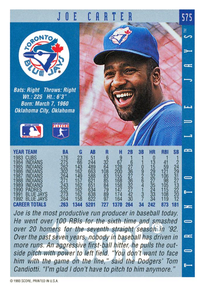 Joe Carter  baseball card collectible - Main Image 2