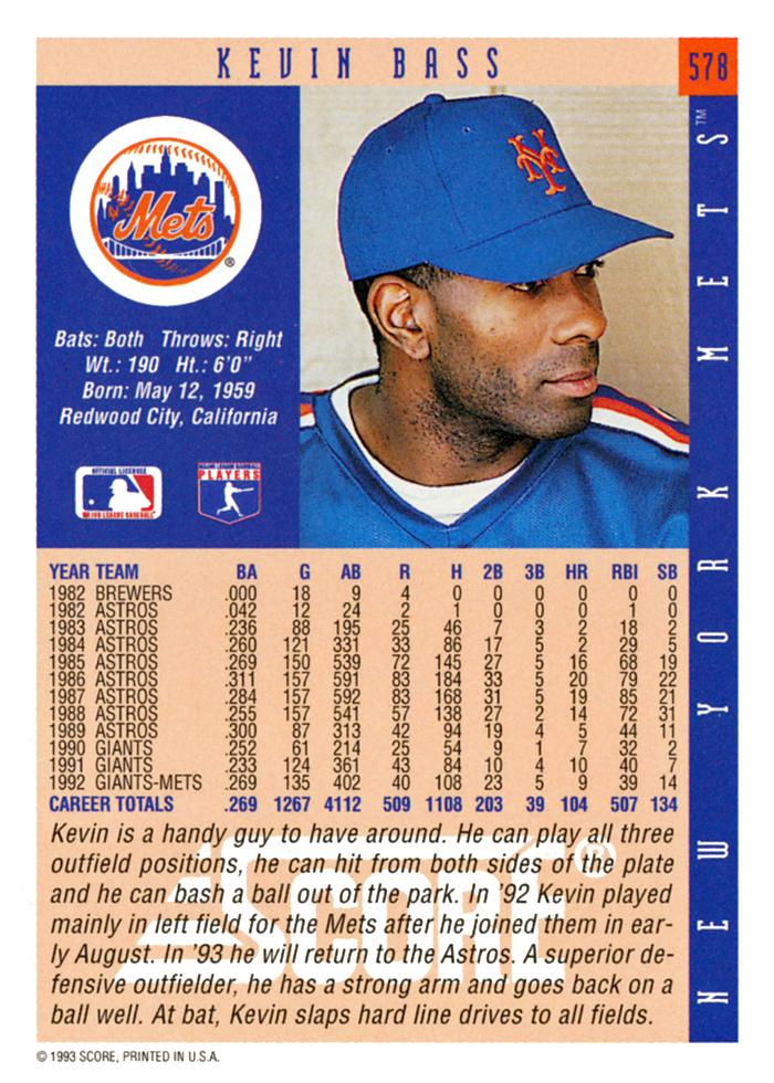 Kevin Bass  baseball card collectible - Main Image 2