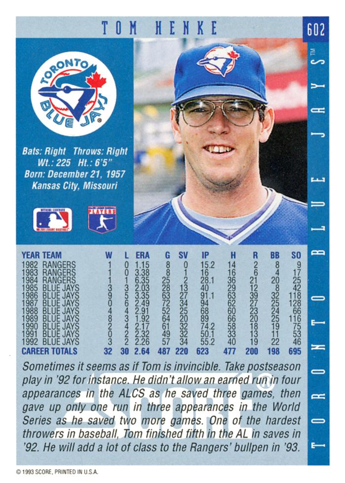 Tom Henke  baseball card collectible - Main Image 2