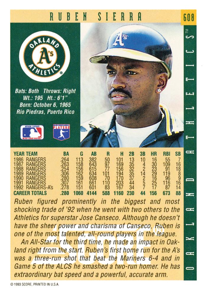 Ruben Sierra  baseball card collectible - Main Image 2