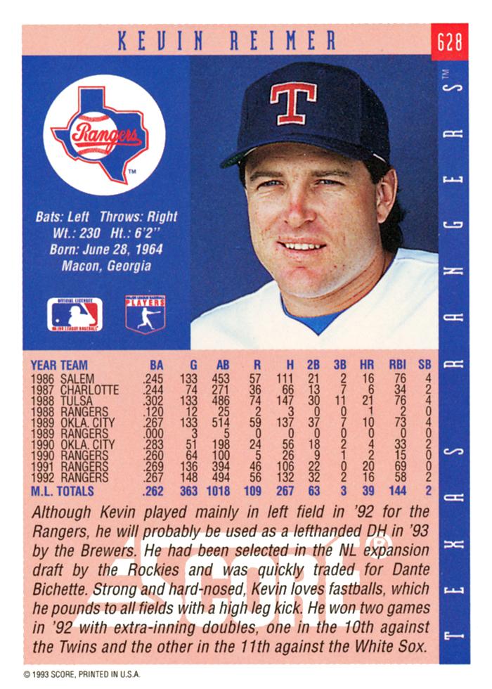 Kevin Reimer  baseball card collectible - Main Image 2