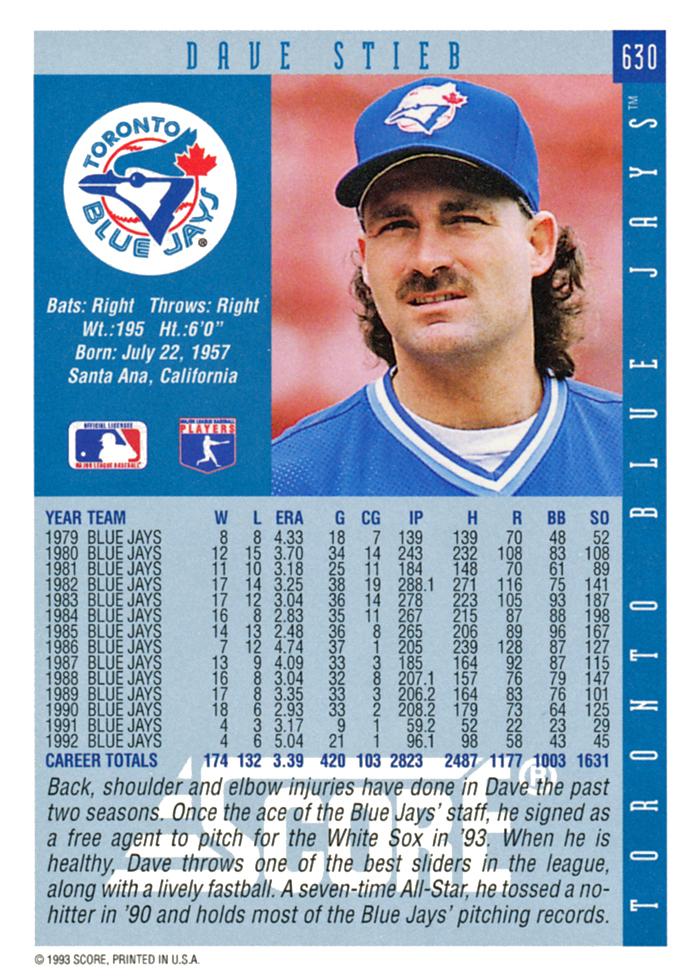 Dave Stieb  baseball card collectible - Main Image 2