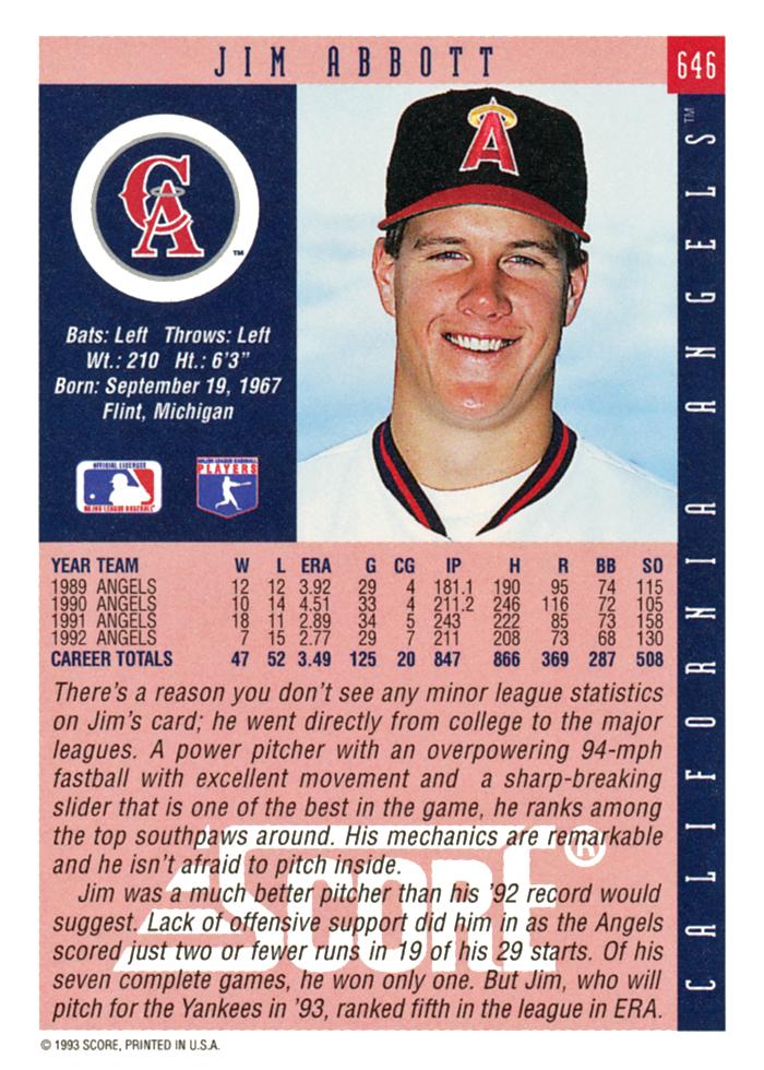 Jim Abbott  baseball card collectible - Main Image 2