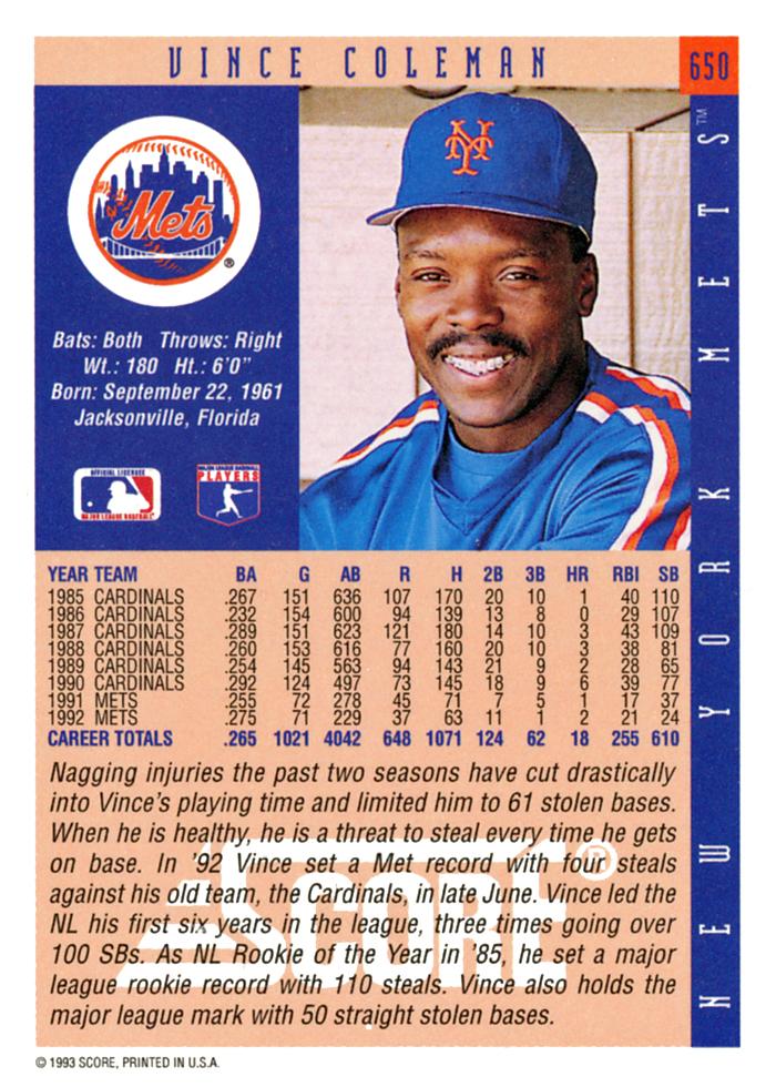 Vince Coleman  baseball card collectible - Main Image 2