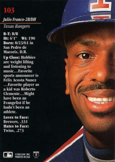 Julio Franco  baseball card collectible - Main Image 2
