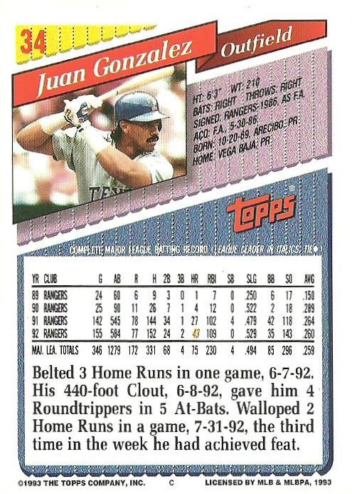 Juan Gonzalez  baseball card collectible - Main Image 2