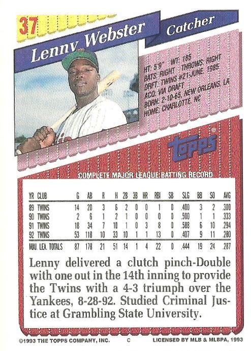 Lenny Webster  baseball card collectible - Main Image 2