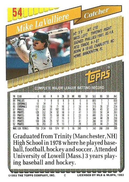 Mike LaValliere  baseball card collectible - Main Image 2