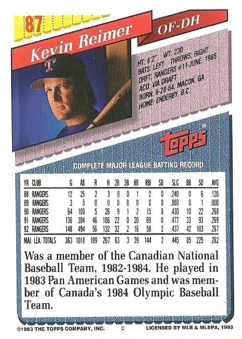 Kevin Reimer  baseball card collectible - Main Image 2