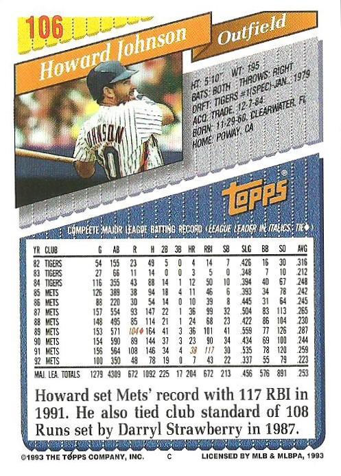 Howard Johnson  baseball card collectible - Main Image 2