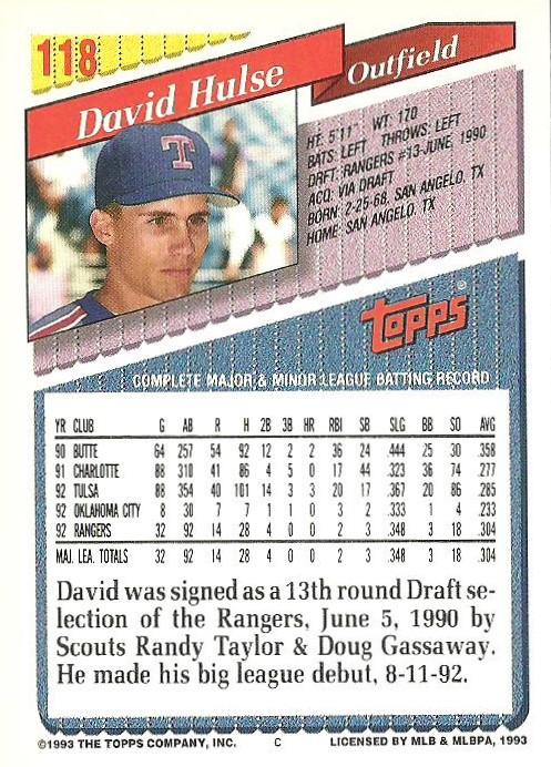 David Hulse  baseball card collectible - Main Image 2