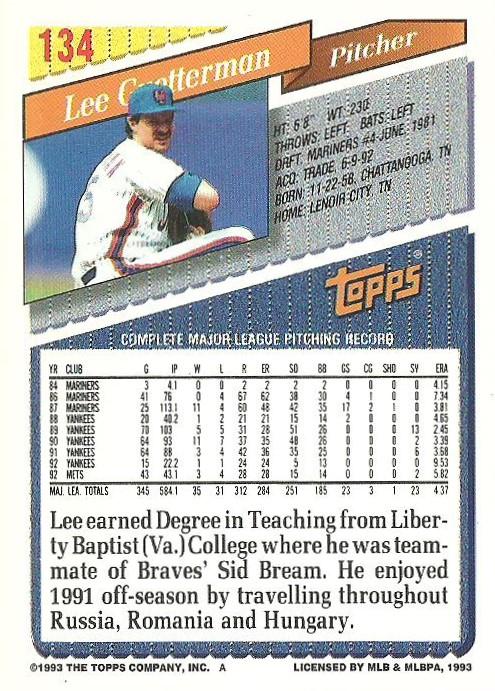 Lee Guetterman  baseball card collectible - Main Image 2