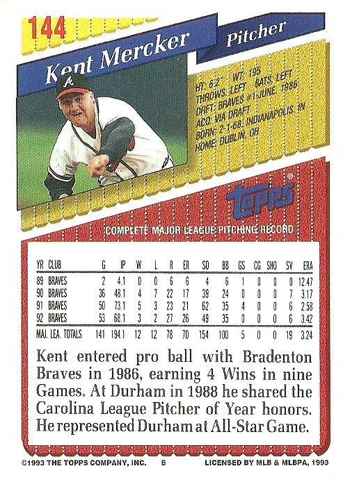 Kent Mercker  baseball card collectible - Main Image 2