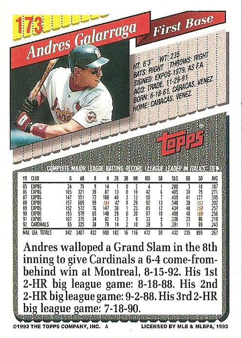 Andres Galarraga  baseball card collectible - Main Image 2