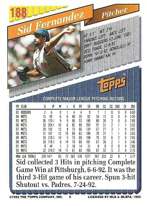 Sid Fernandez  baseball card collectible - Main Image 2