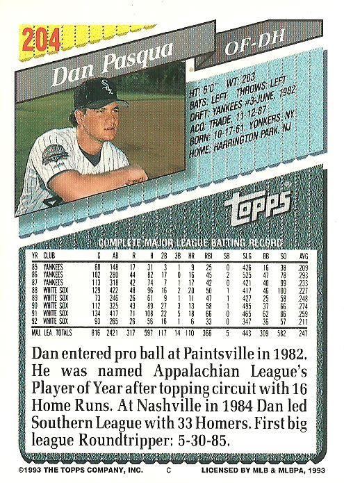 Dan Pasqua  baseball card collectible - Main Image 2
