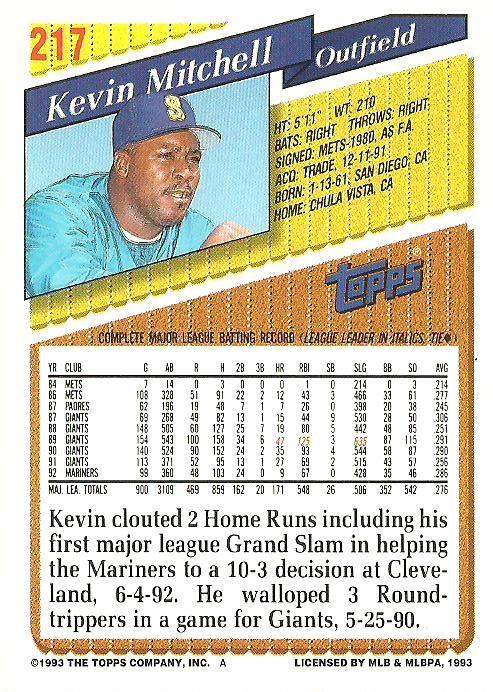 Kevin Mitchell  baseball card collectible - Main Image 2