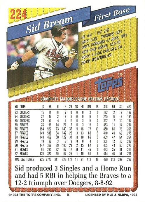 Sid Bream  baseball card collectible - Main Image 2