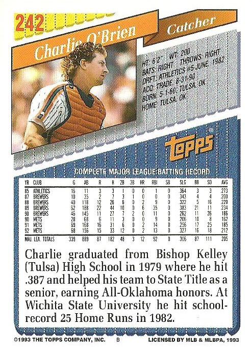 Charlie O’Brien  baseball card collectible - Main Image 2