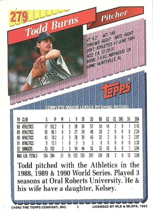 Todd Burns  baseball card collectible - Main Image 2