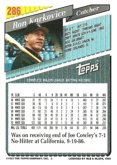 Ron Karkovice  baseball card collectible - Main Image 2