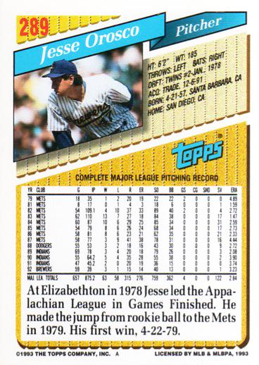 Jesse Orosco  baseball card collectible - Main Image 2