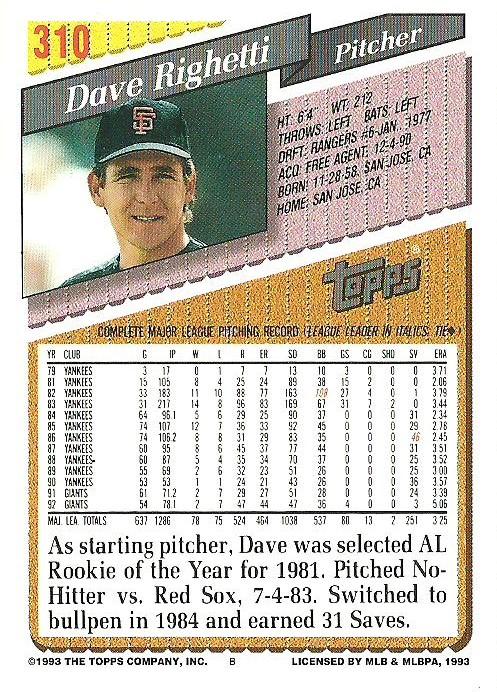 Dave Righetti  baseball card collectible - Main Image 2