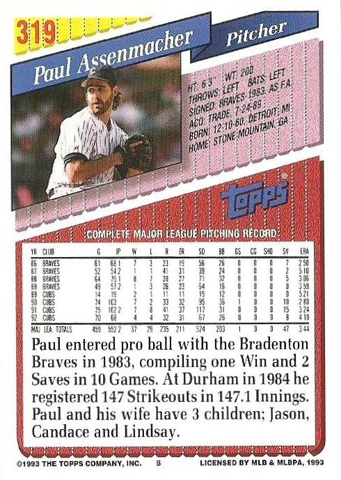 Paul Assenmacher  baseball card collectible - Main Image 2