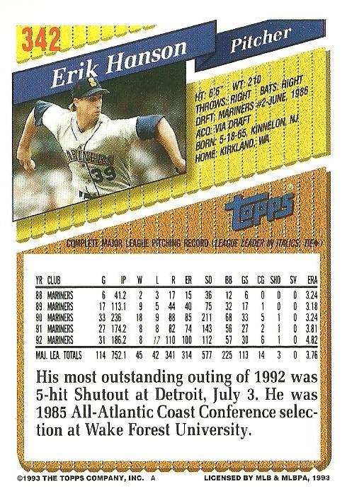 Erik Hanson  baseball card collectible - Main Image 2